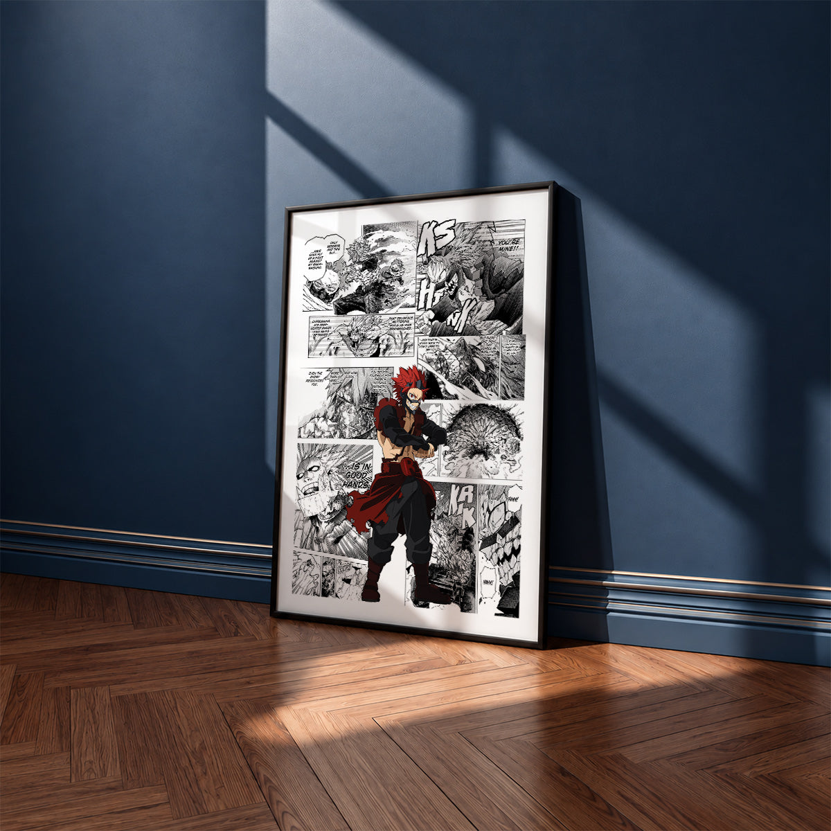 Eijiro Kirishima manga poster inspired by My Hero Academia in a black frame against a navy blue wall