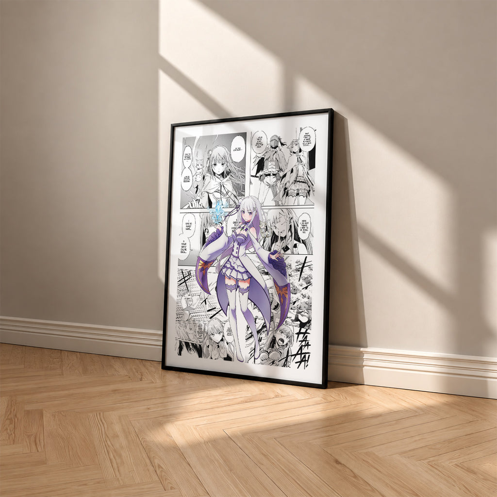 Emilia manga poster inspired by Re:Zero in a black frame against a warm beige wall