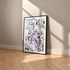 Emilia manga poster inspired by Re:Zero in a black frame against a warm beige wall