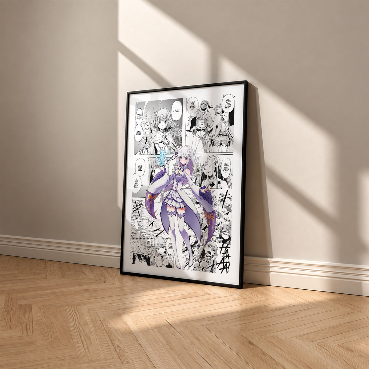 Emilia manga poster inspired by Re:Zero in a black frame against a warm beige wall