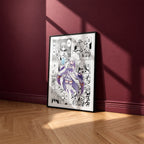 Emilia manga poster inspired by Re:Zero in a black frame against a burgundy wall
