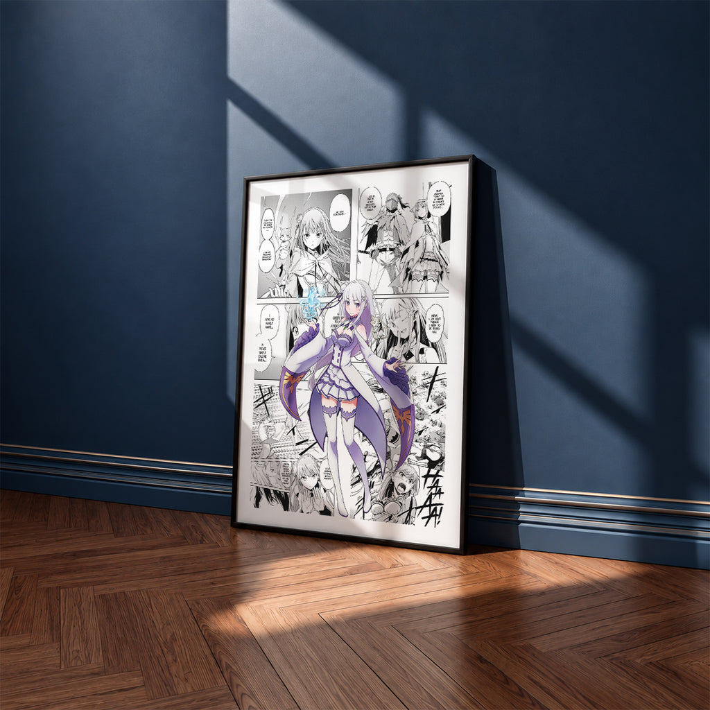 Emilia manga poster inspired by Re:Zero in a black frame against a navy blue wall