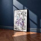 Emilia manga poster inspired by Re:Zero in a black frame against a navy blue wall