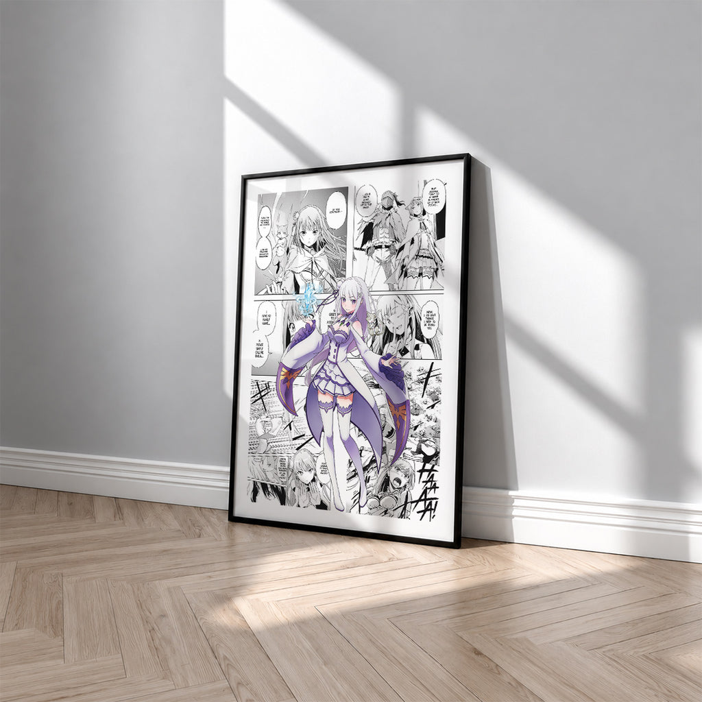 Emilia manga poster inspired by Re:Zero in a black frame against a light gray wall