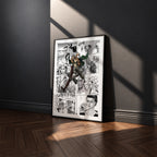 Eren Yeager manga poster inspired by Attack on Titan in a black frame against a charcoal gray wall