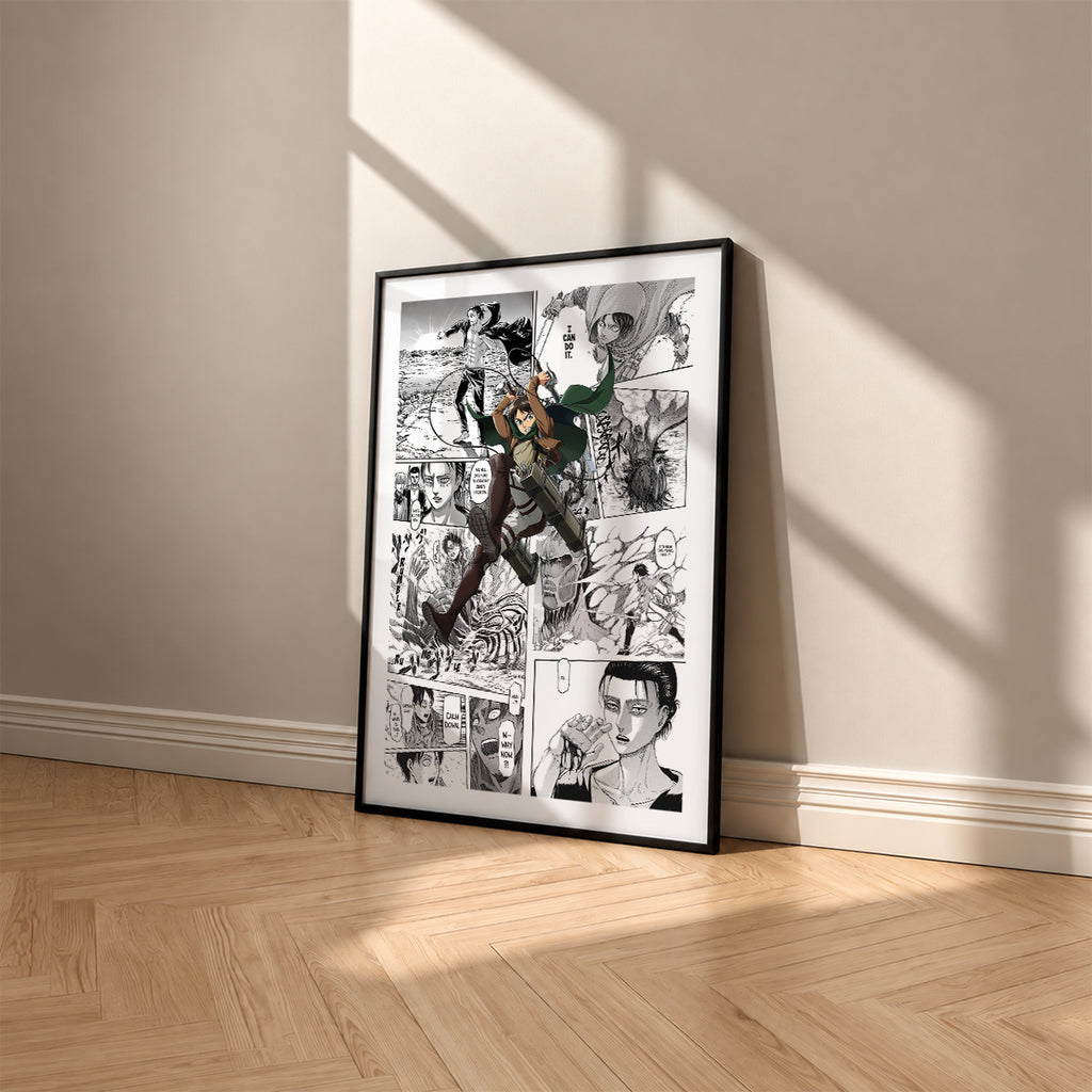 Eren Yeager manga poster inspired by Attack on Titan in a black frame against a warm beige wall