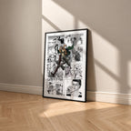 Eren Yeager manga poster inspired by Attack on Titan in a black frame against a warm beige wall