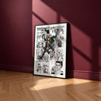 Eren Yeager manga poster inspired by Attack on Titan in a black frame against a burgundy wall