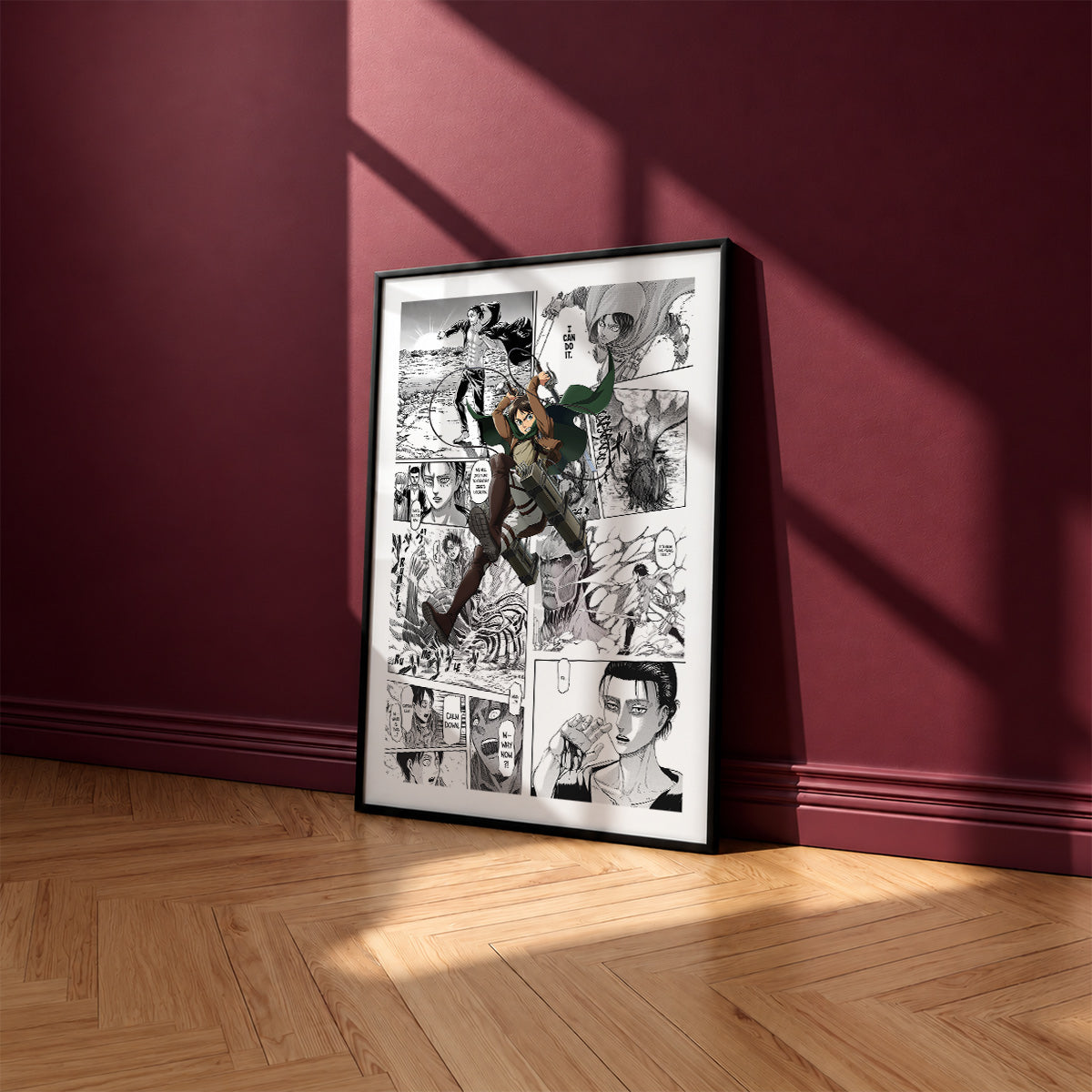 Eren Yeager manga poster inspired by Attack on Titan in a black frame against a burgundy wall
