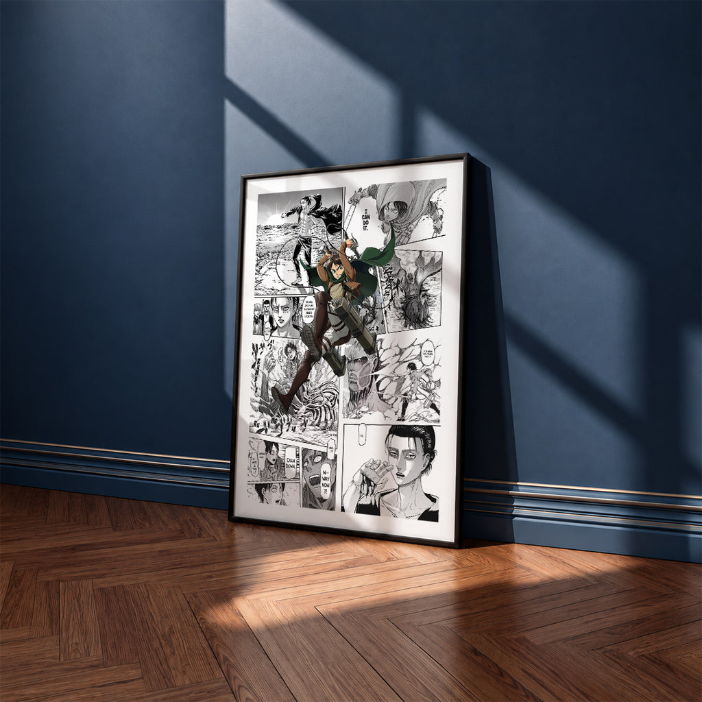 Eren Yeager manga poster inspired by Attack on Titan in a black frame against a navy blue wall
