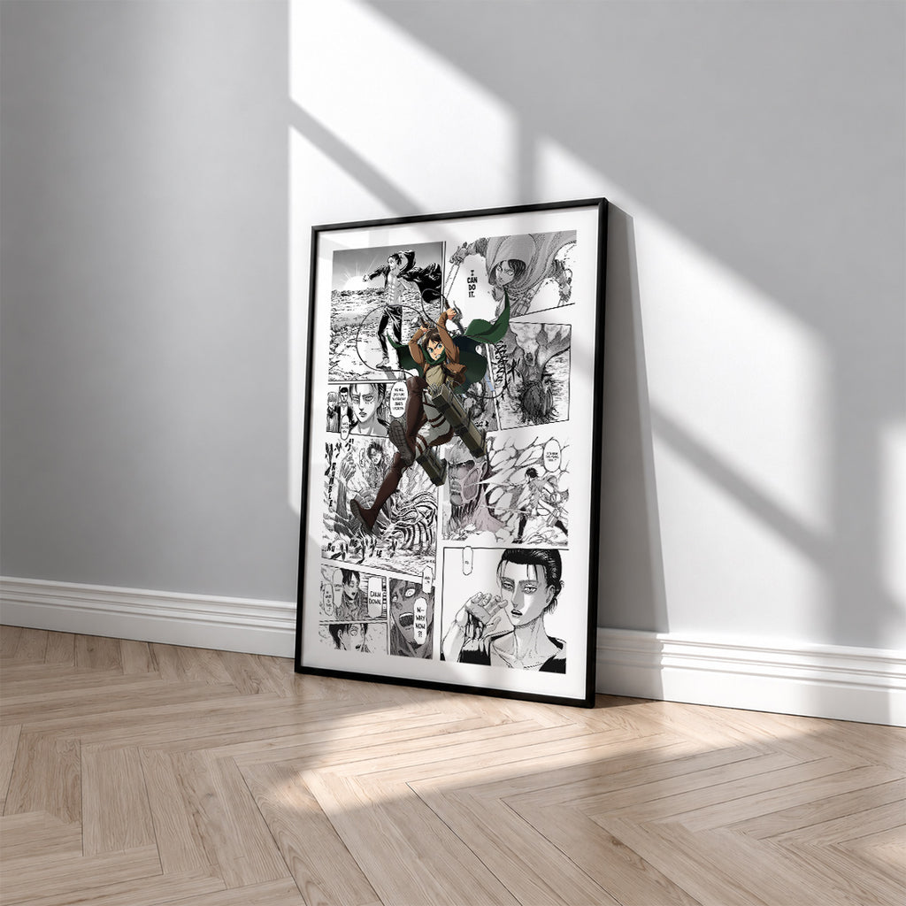 Eren Yeager manga poster inspired by Attack on Titan in a black frame against a light gray wall