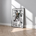 Eren Yeager manga poster inspired by Attack on Titan in a black frame against a light gray wall