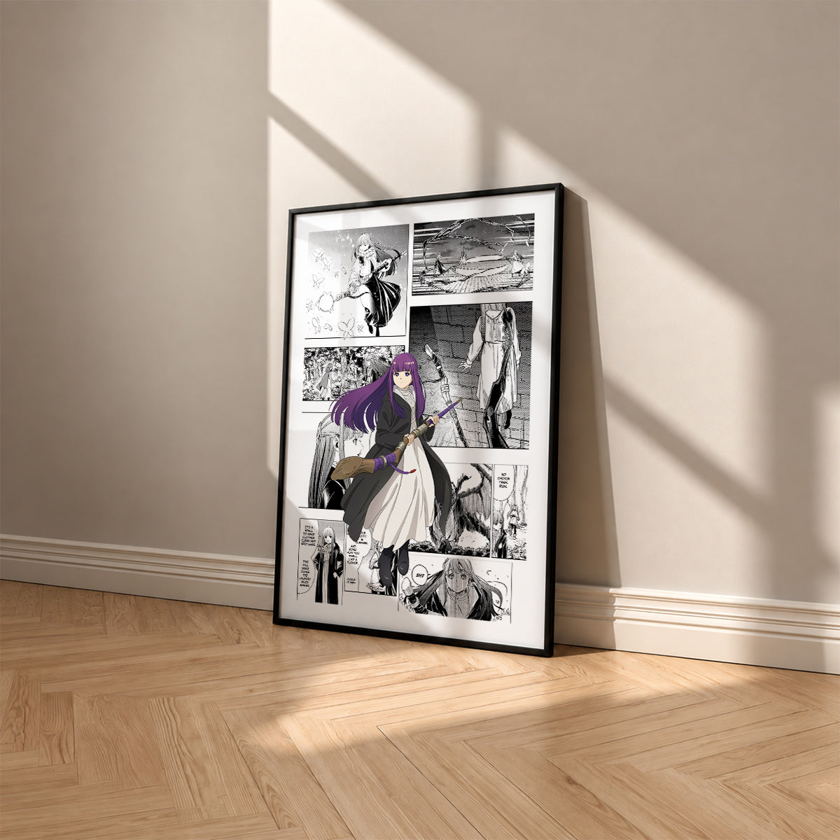 Fern manga poster inspired by Frieren in a black frame against a warm beige wall