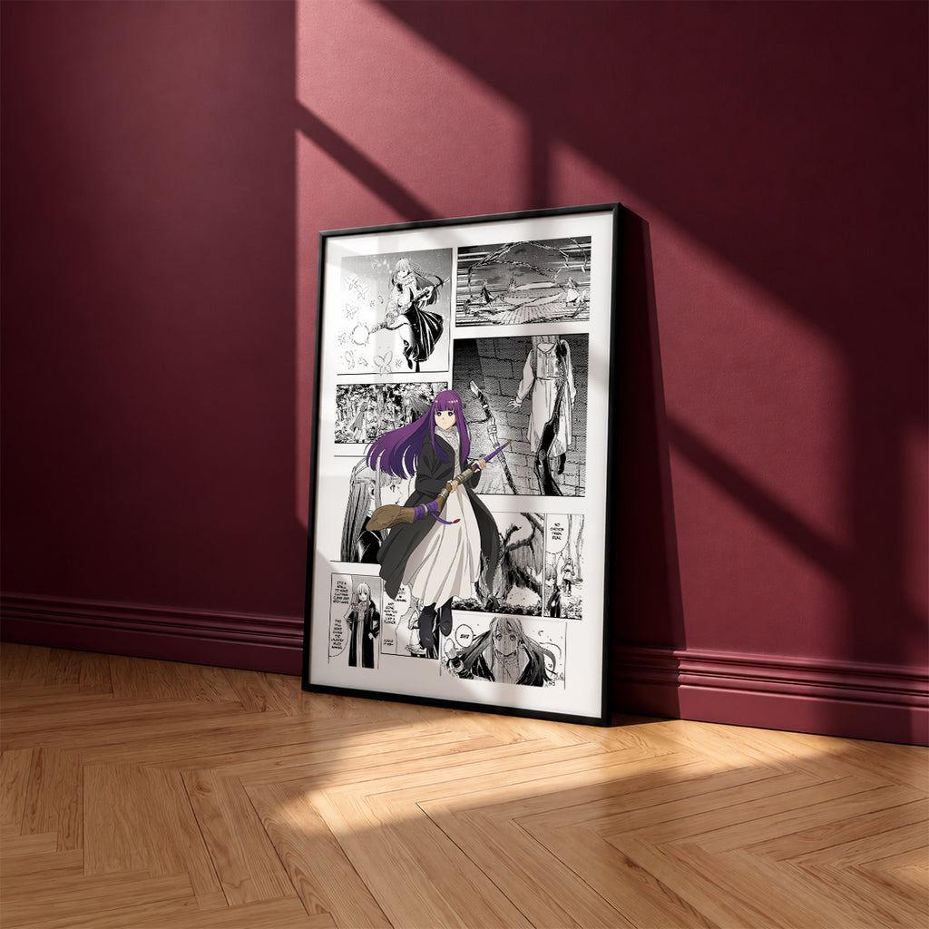 Fern manga poster inspired by Frieren in a black frame against a burgundy wall