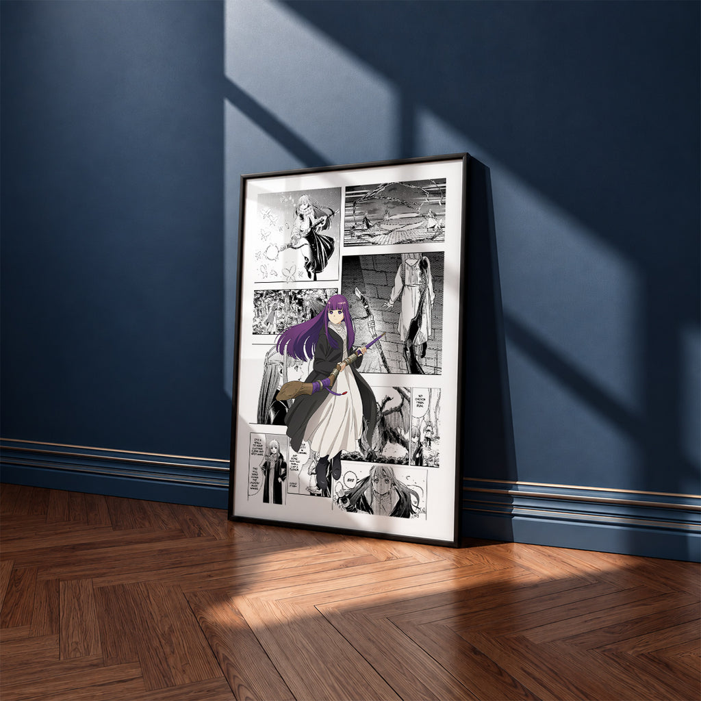Fern manga poster inspired by Frieren in a black frame against a navy blue wall