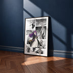 Fern manga poster inspired by Frieren in a black frame against a navy blue wall