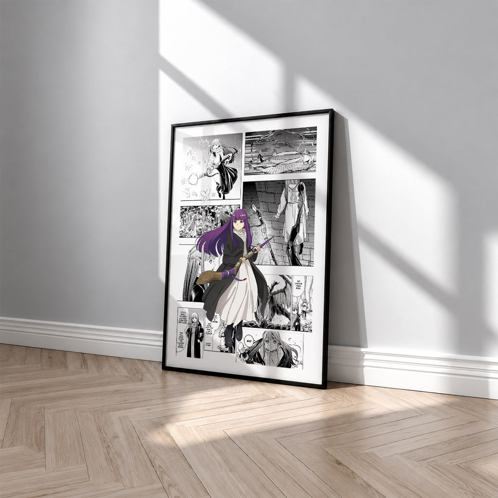 Fern manga poster inspired by Frieren in a black frame against a light gray wall