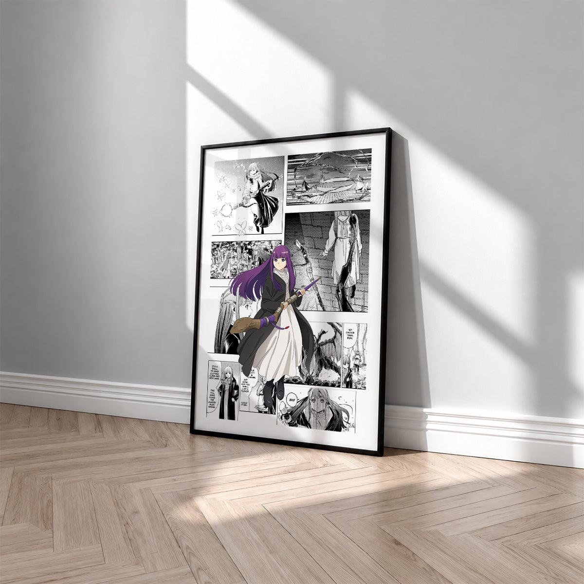 Fern manga poster inspired by Frieren in a black frame against a light gray wall