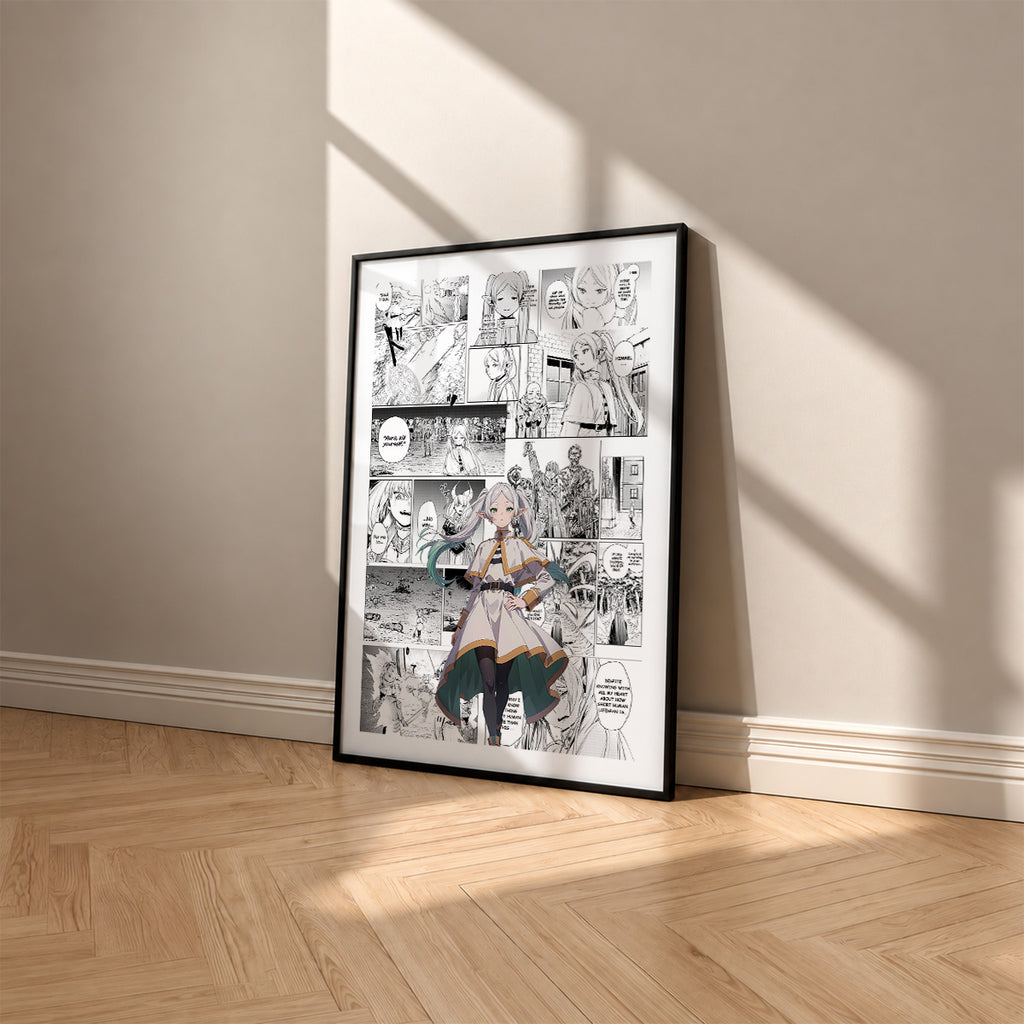 Frieren manga poster inspired by Frieren in a black frame against a warm beige wall