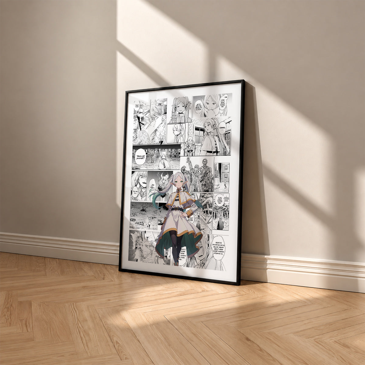 Frieren manga poster inspired by Frieren in a black frame against a warm beige wall