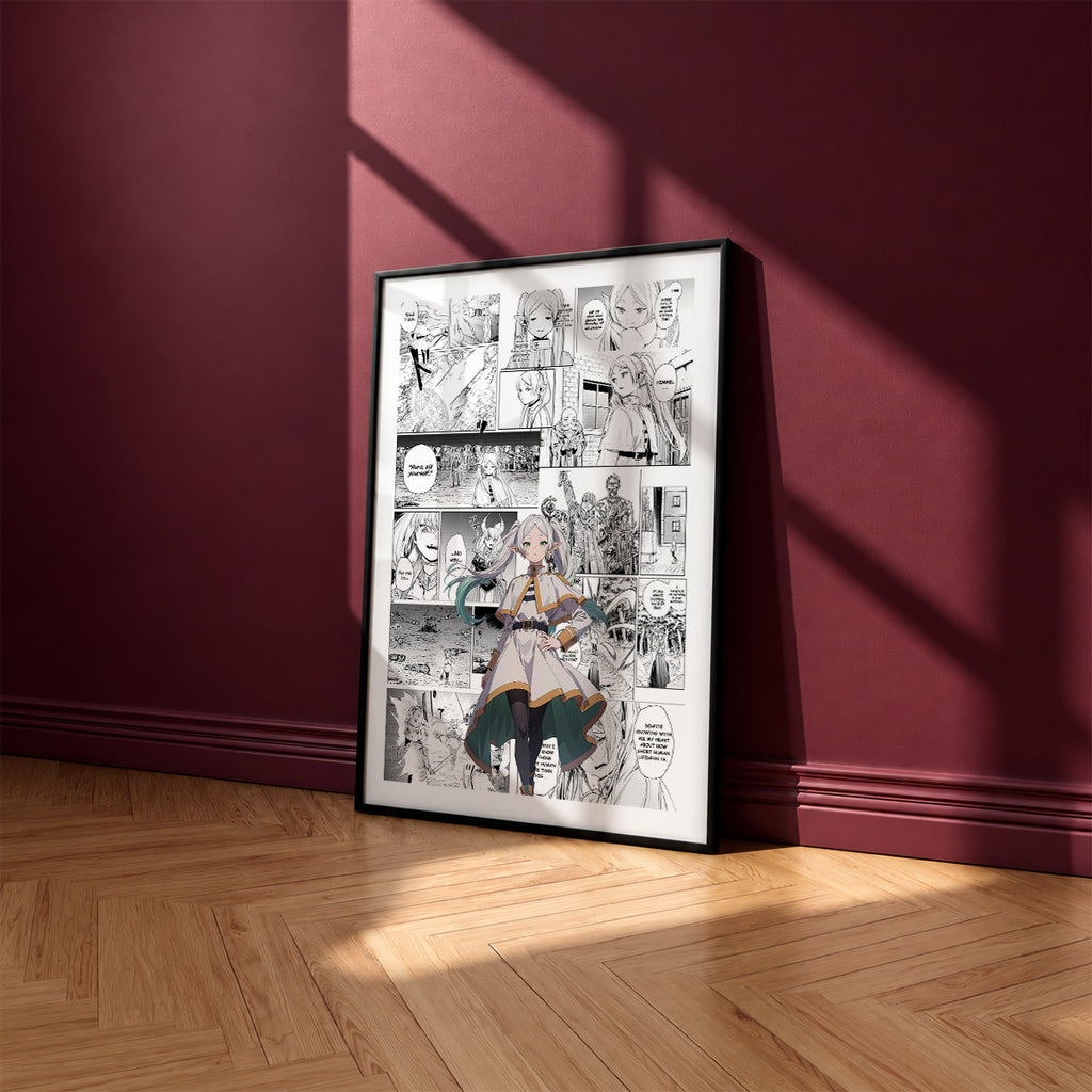 Frieren manga poster inspired by Frieren in a black frame against a burgundy wall