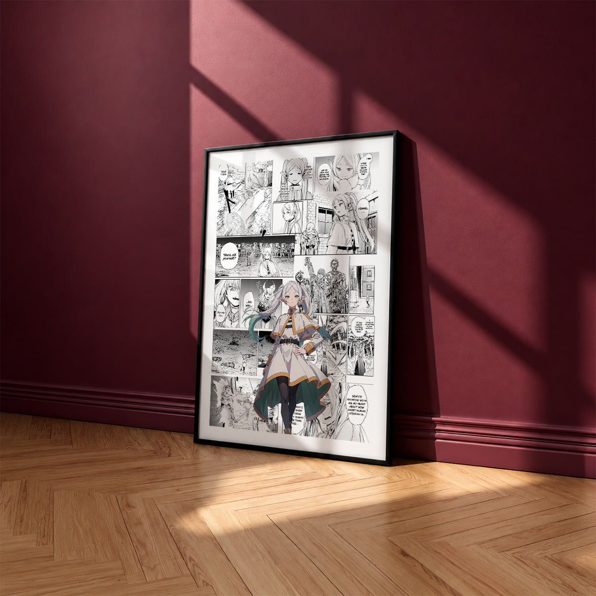 Frieren manga poster inspired by Frieren in a black frame against a burgundy wall