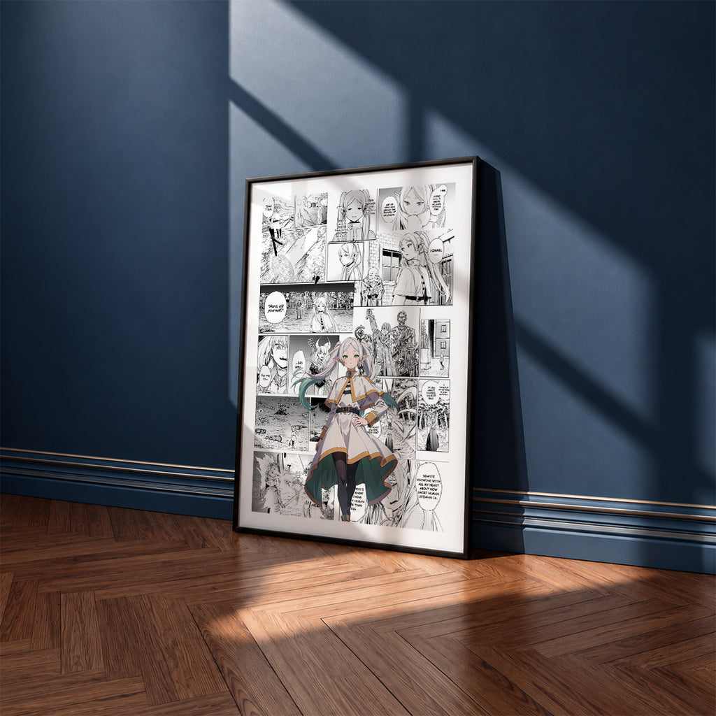 Frieren manga poster inspired by Frieren in a black frame against a navy blue wall