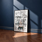 Frieren manga poster inspired by Frieren in a black frame against a navy blue wall