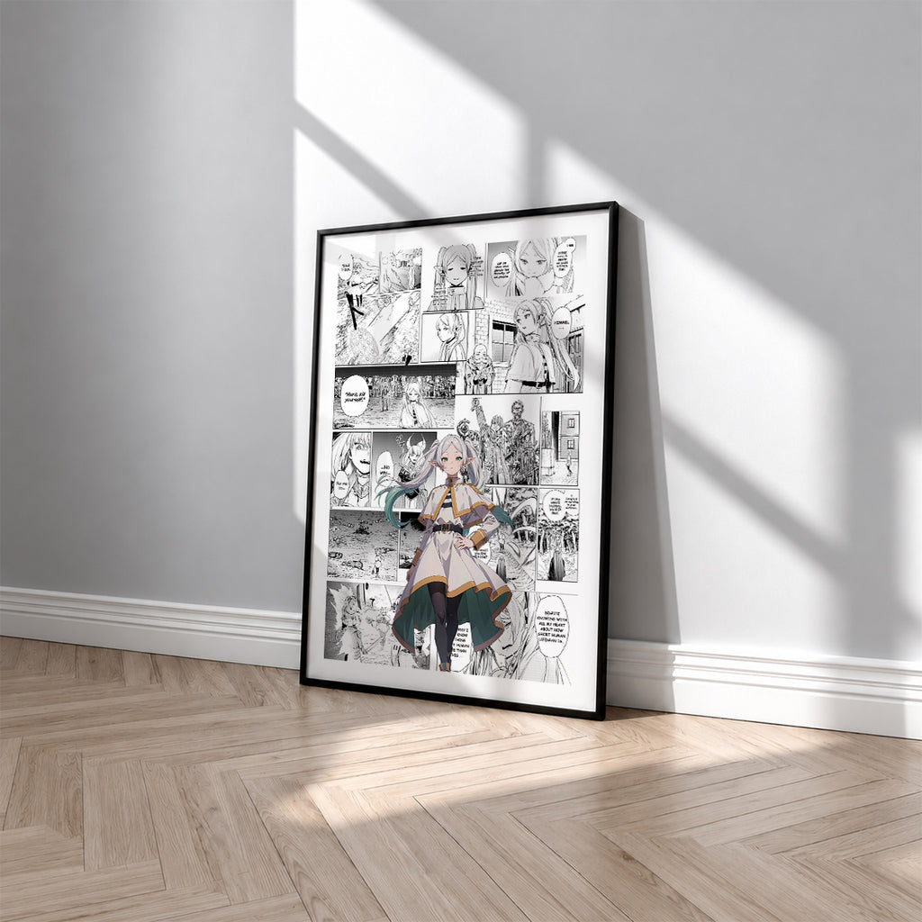 Frieren manga poster inspired by Frieren in a black frame against a light gray wall