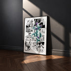 Frieza manga poster inspired by Dragon Ball in a black frame against a charcoal gray wall