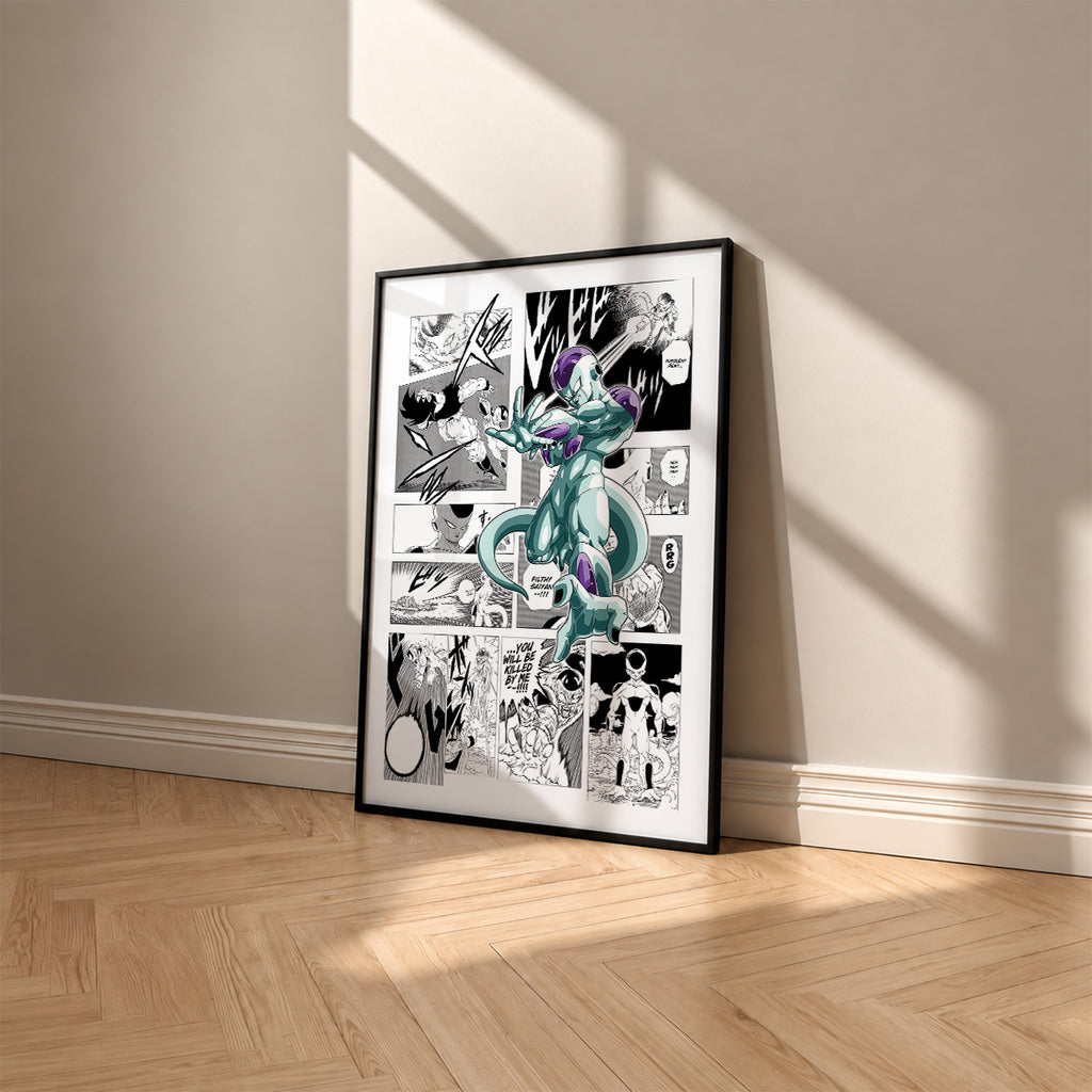 Frieza manga poster inspired by Dragon Ball in a black frame against a warm beige wall