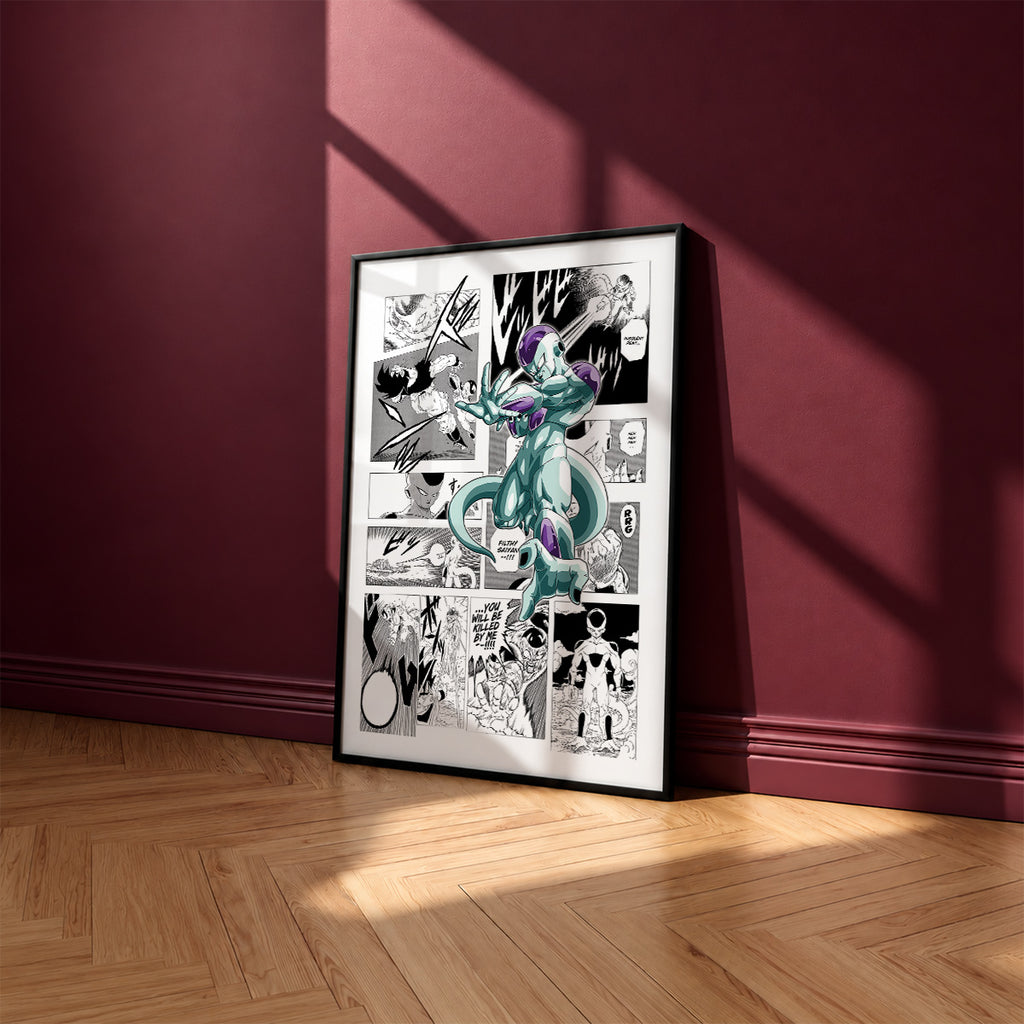 Frieza manga poster inspired by Dragon Ball in a black frame against a burgundy wall