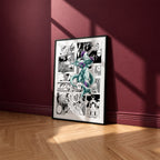 Frieza manga poster inspired by Dragon Ball in a black frame against a burgundy wall