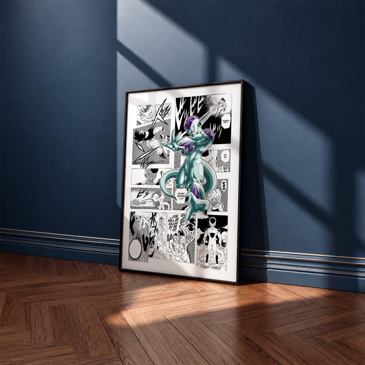 Frieza manga poster inspired by Dragon Ball in a black frame against a navy blue wall