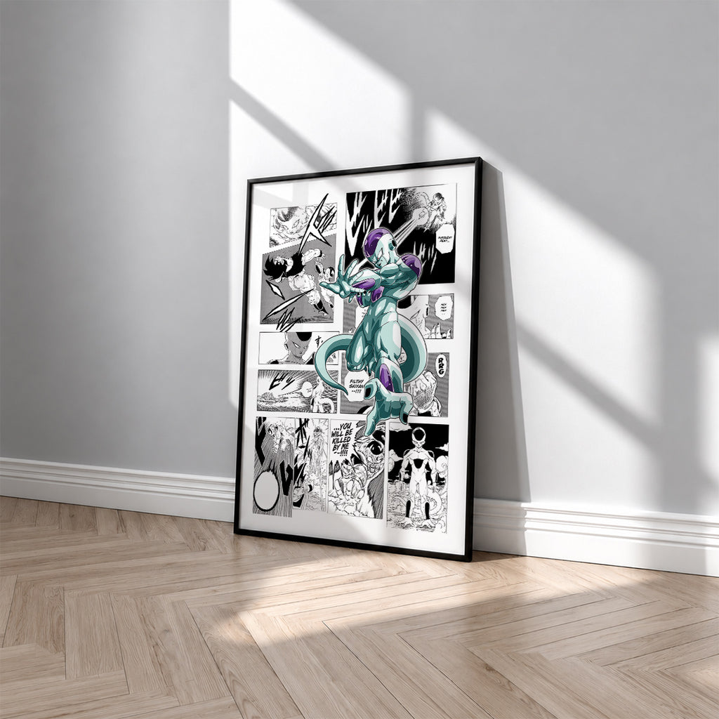 Frieza manga poster inspired by Dragon Ball in a black frame against a light gray wall