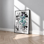 Frieza manga poster inspired by Dragon Ball in a black frame against a light gray wall