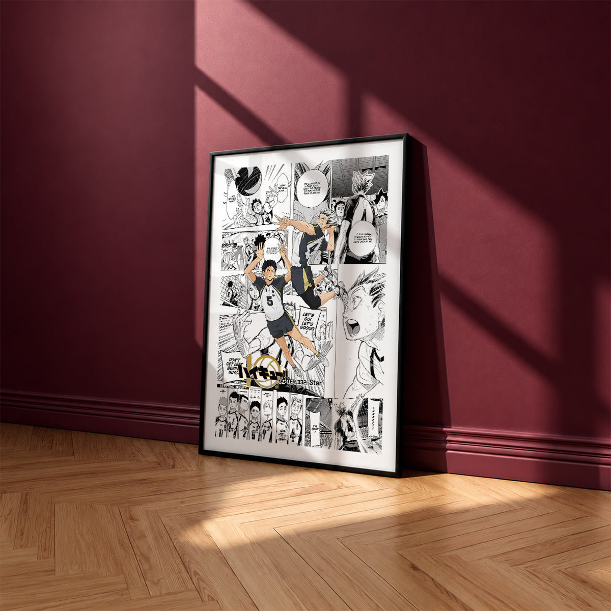 Fukurodani Academy manga poster inspired by Haikyu!! in a black frame against a burgundy wall