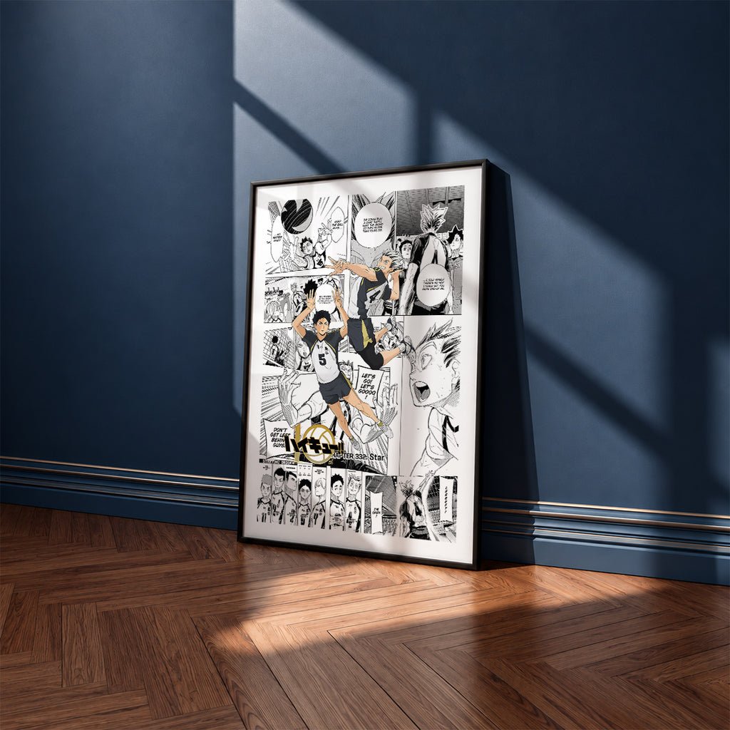 Fukurodani Academy manga poster inspired by Haikyu!! in a black frame against a navy blue wall