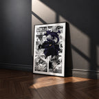Fumikage Tokoyami manga poster inspired by My Hero Academia in a black frame against a charcoal gray wall