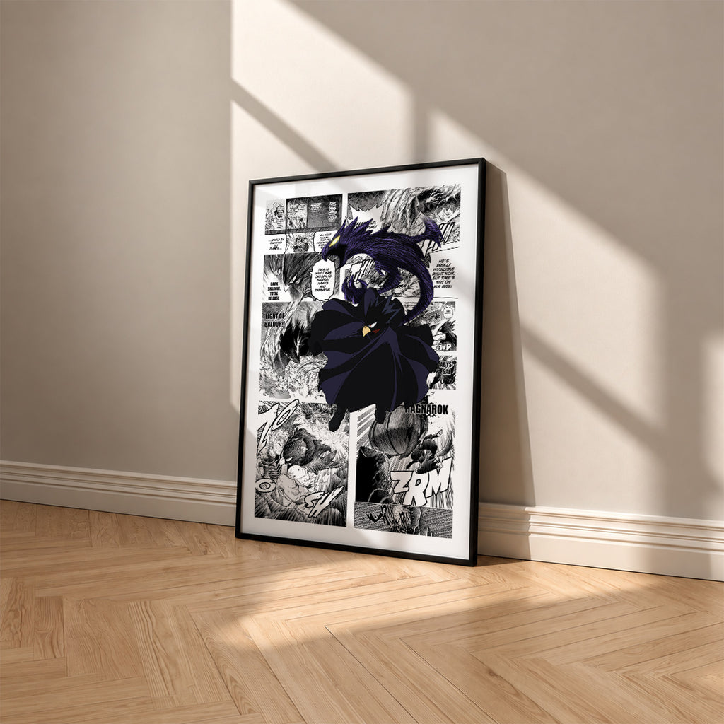 Fumikage Tokoyami manga poster inspired by My Hero Academia in a black frame against a warm beige wall
