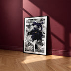 Fumikage Tokoyami manga poster inspired by My Hero Academia in a black frame against a burgundy wall