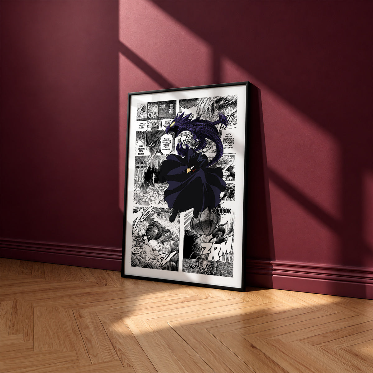 Fumikage Tokoyami manga poster inspired by My Hero Academia in a black frame against a burgundy wall