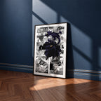 Fumikage Tokoyami manga poster inspired by My Hero Academia in a black frame against a navy blue wall