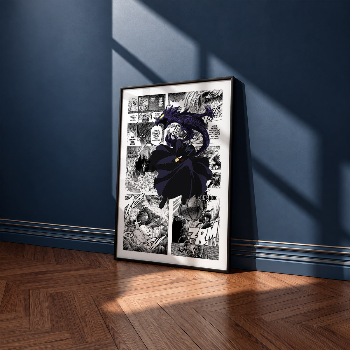 Fumikage Tokoyami manga poster inspired by My Hero Academia in a black frame against a navy blue wall