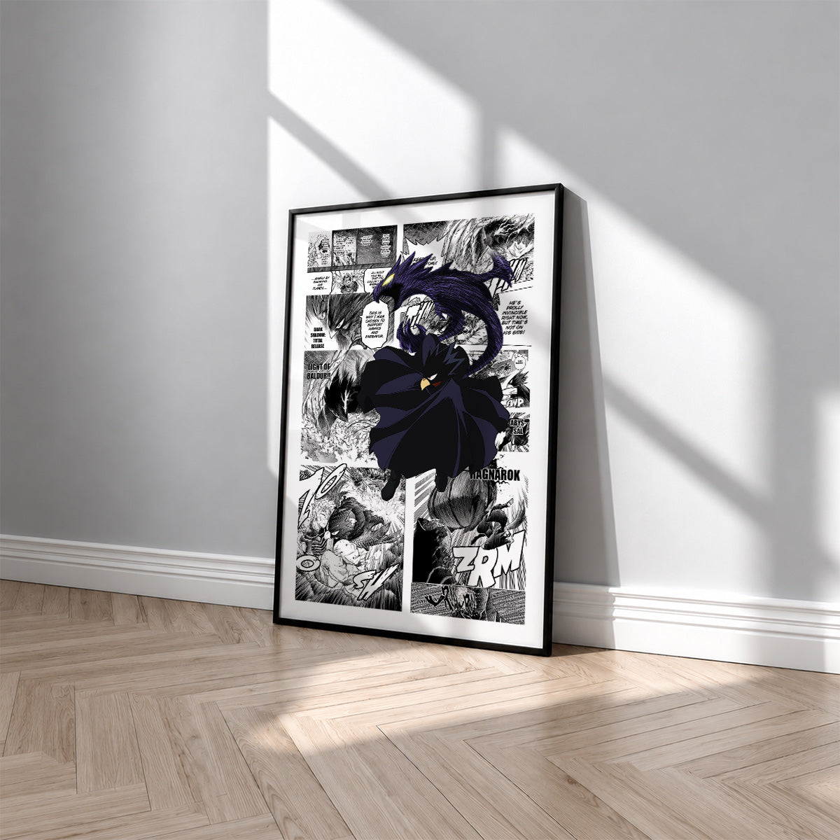 Fumikage Tokoyami manga poster inspired by My Hero Academia in a black frame against a light gray wall
