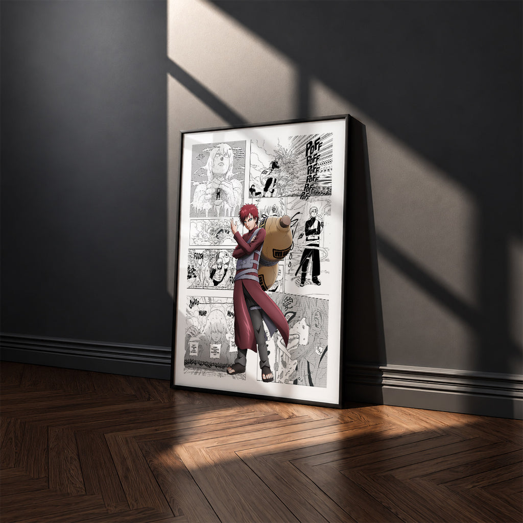 Gaara manga poster inspired by Naruto in a black frame against a charcoal gray wall