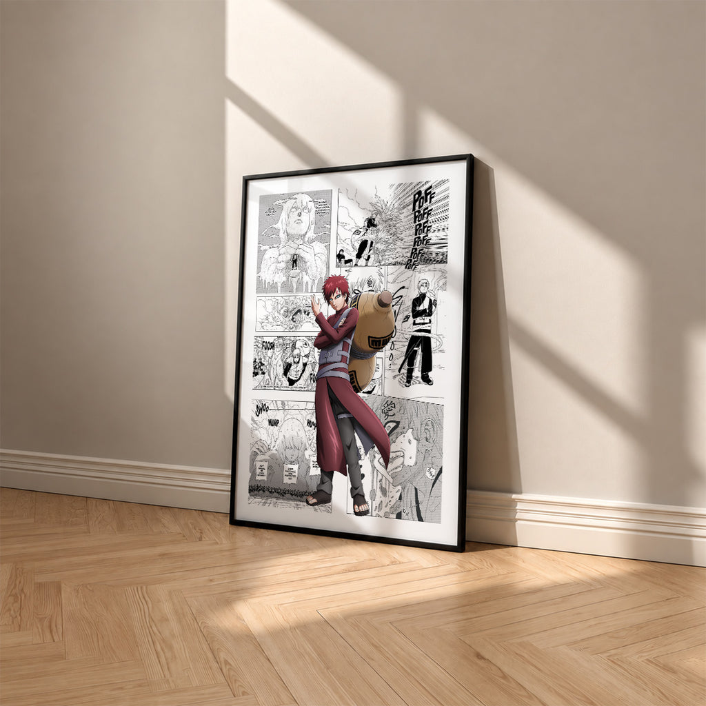 Gaara manga poster inspired by Naruto in a black frame against a warm beige wall