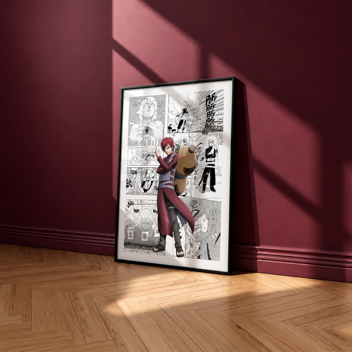 Gaara manga poster inspired by Naruto in a black frame against a burgundy wall