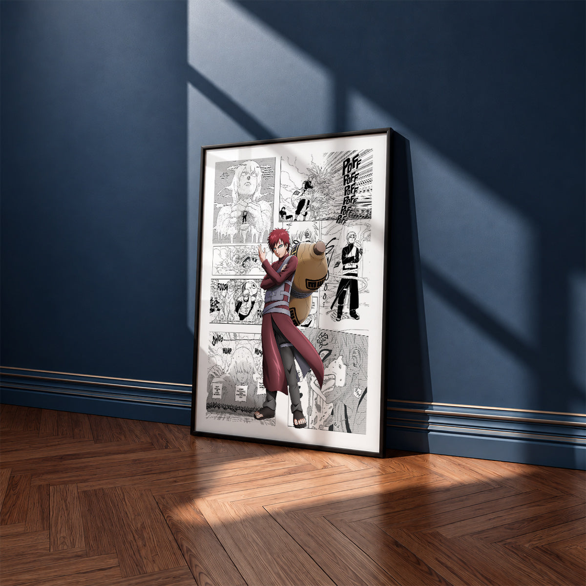 Gaara manga poster inspired by Naruto in a black frame against a navy blue wall