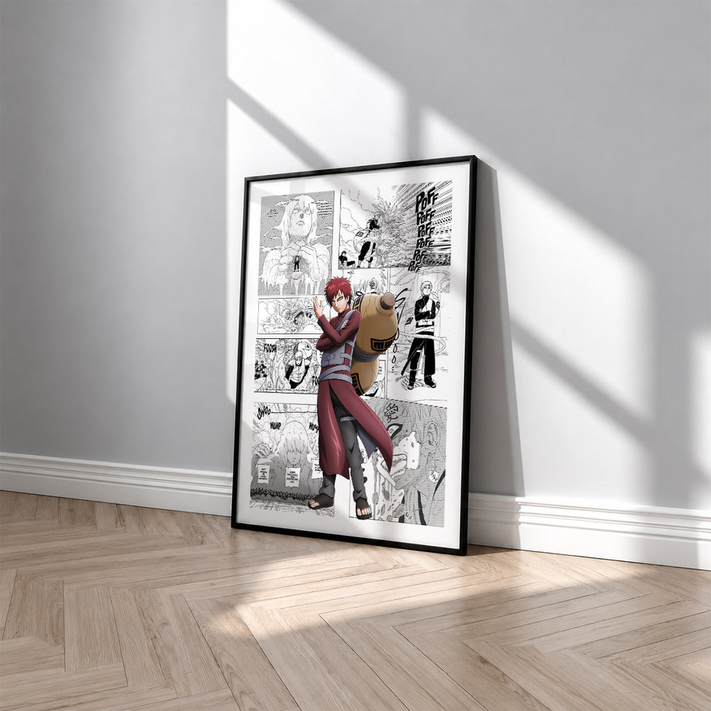 Gaara manga poster inspired by Naruto in a black frame against a light gray wall